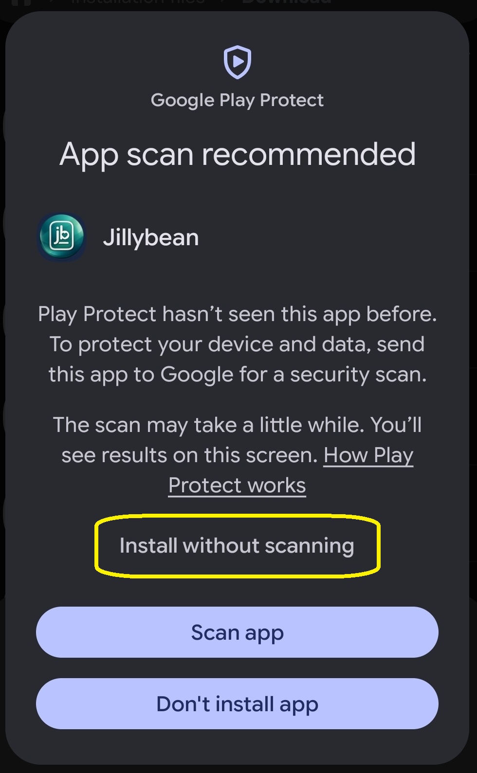 Google Play Protect prompt with Install without scanning circled