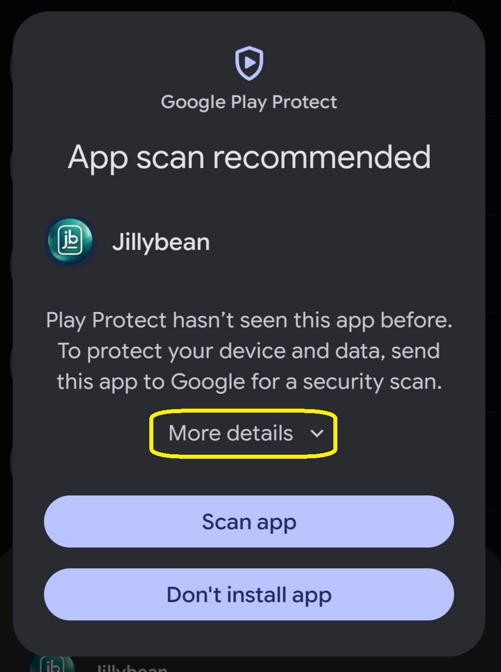 Google Play Protect prompt with More details circled